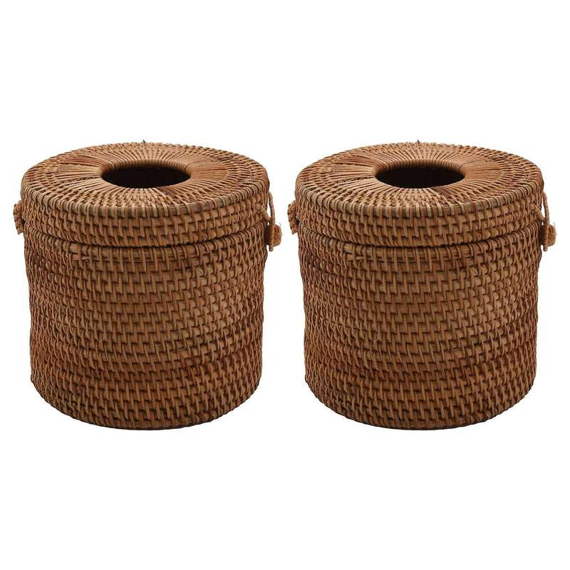 2x Round Rattan Tissue Box Vine Roll Toilet Paper Cover Dispenser