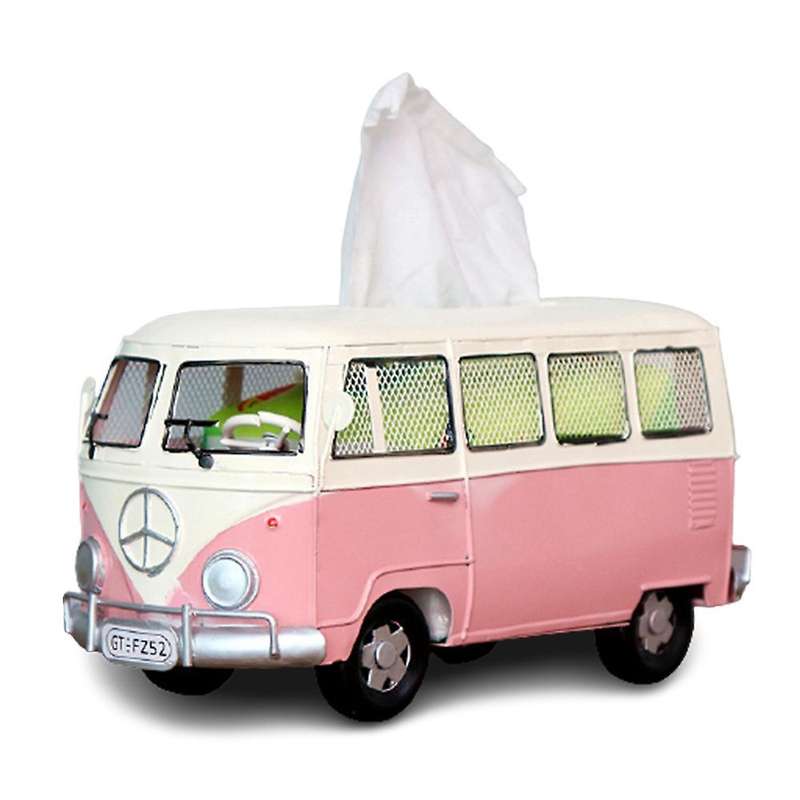 Retro Car Tissue Holder Wrought Iron Creative Bus Tissue Box(pink)