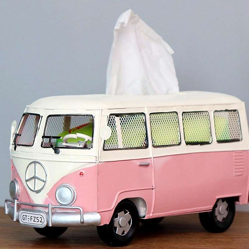 Retro Car Tissue Holder Wrought Iron Creative Bus Tissue Box(pink)