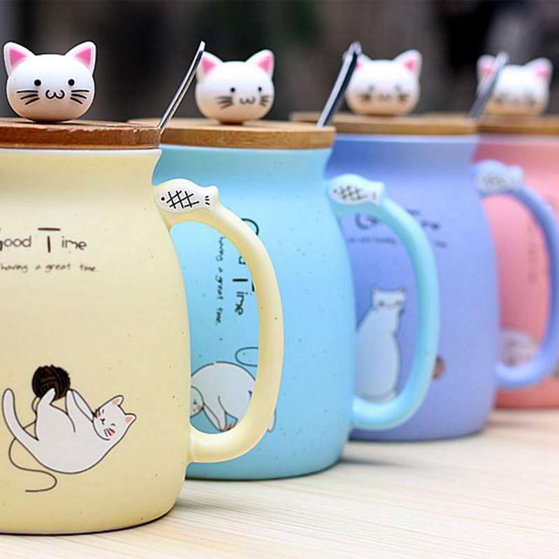 2x Sesame Cat Heat-resistant Cup Color Cartoon with Lid Cup (beige)