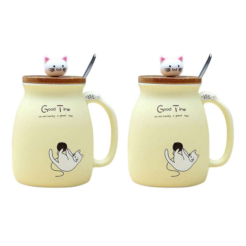 2x Sesame Cat Heat-resistant Cup Color Cartoon with Lid Cup (beige)