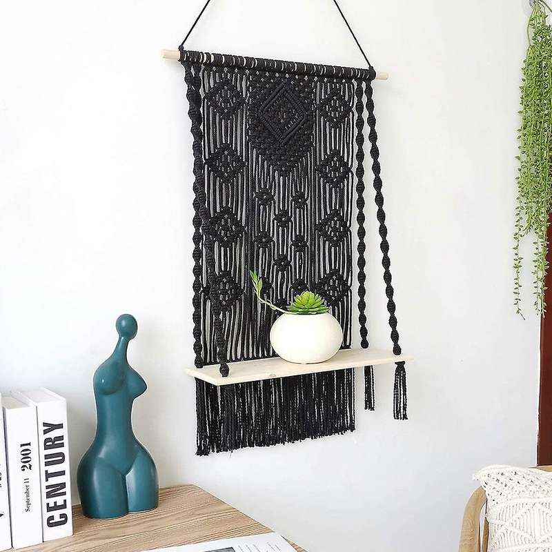 Macrame Boho Hanging Shelf for Indoor Floating Wood Shelf Organizers