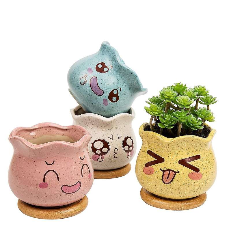 4pc Succulent Plant Pot,ceramic Cactus Plant Pot Flower Pot with Tray
