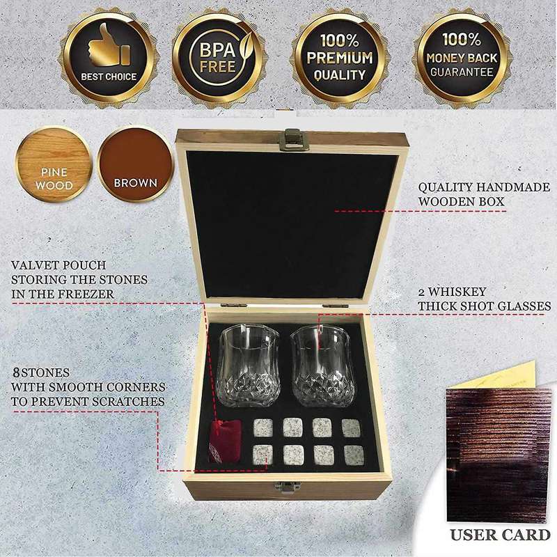 Bourbon Rocks Whisky Chilling Stones Gift Set - Reusable for Whiskey