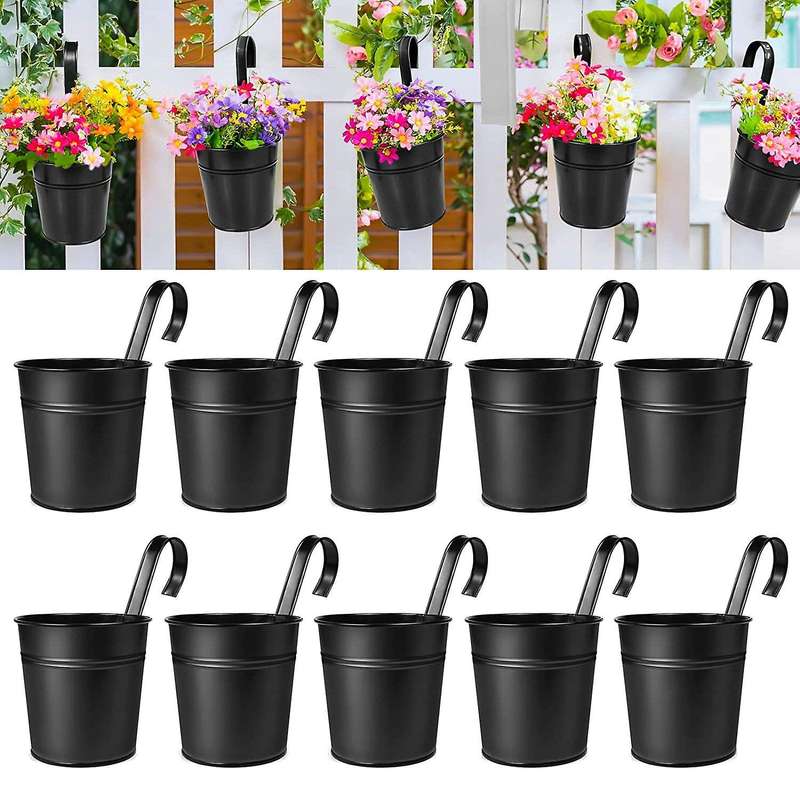 10pcs Hanging Flower Pots, for Railing Fence with Detachable Hooks