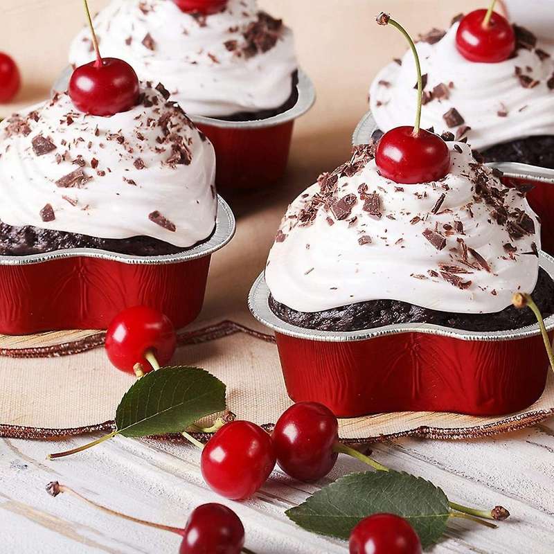 100x Valentine Aluminum Foil Cake Pan Heart Shaped Cup with Lids,red