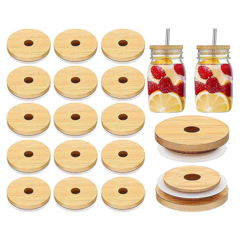 Bamboo Jar Lids with Straw Hole Reusable Jar Lids Leak Proof 20pcs