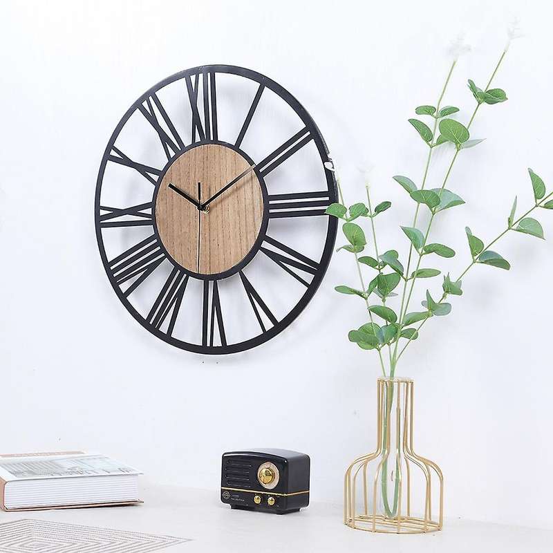 Modern Iron Wooden Wall Clock 16 Inch Roman Number Silent Wall Watch