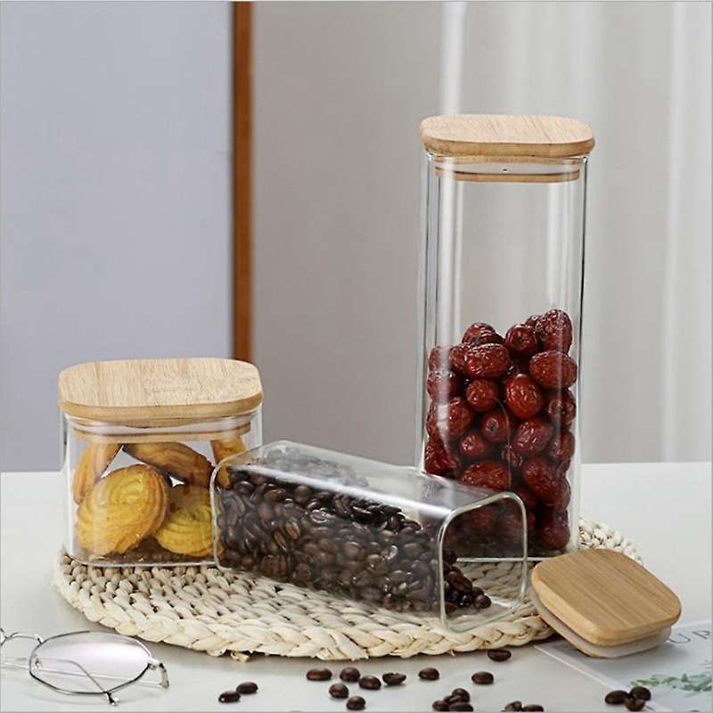 3pcs Square Glass Sealed Jar Food Dry Fruit Storage Box Tea A