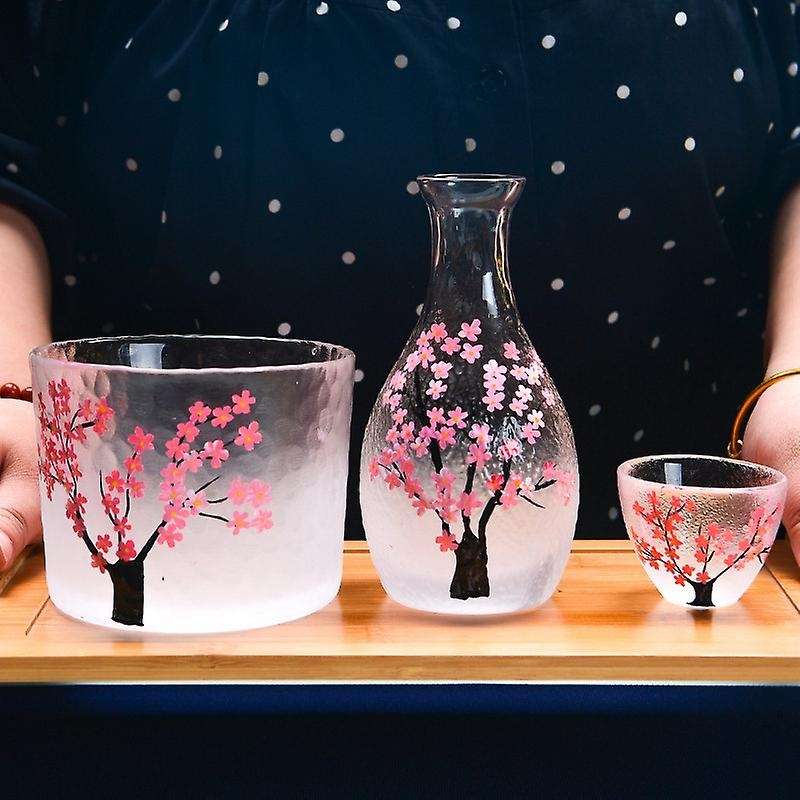 3 Pcs Japanese Sake Set Handcraft Pink Cherry Blossoms, Sake Carafe