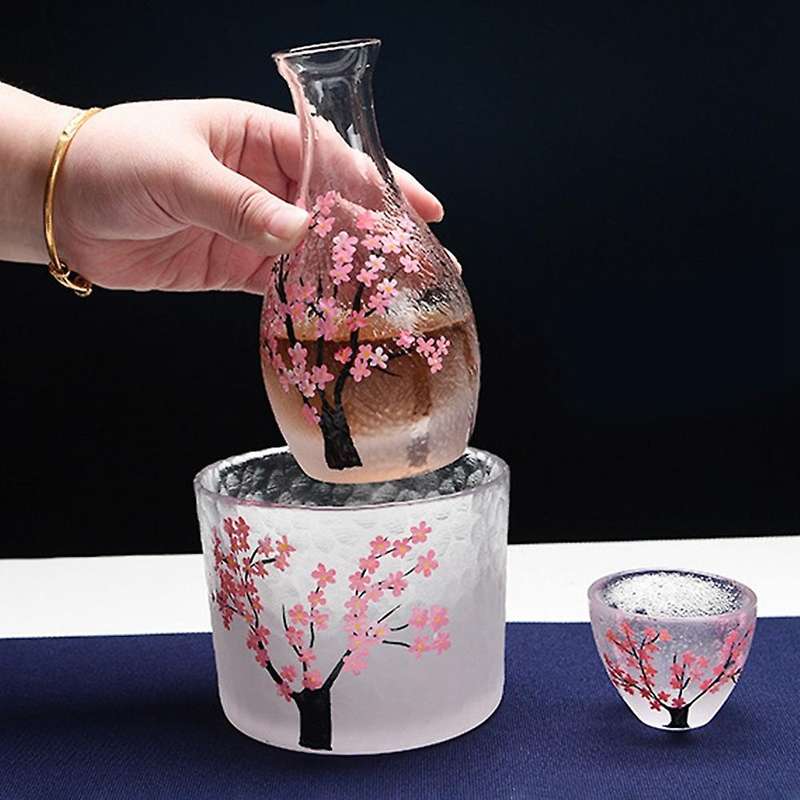 3 Pcs Japanese Sake Set Handcraft Pink Cherry Blossoms, Sake Carafe