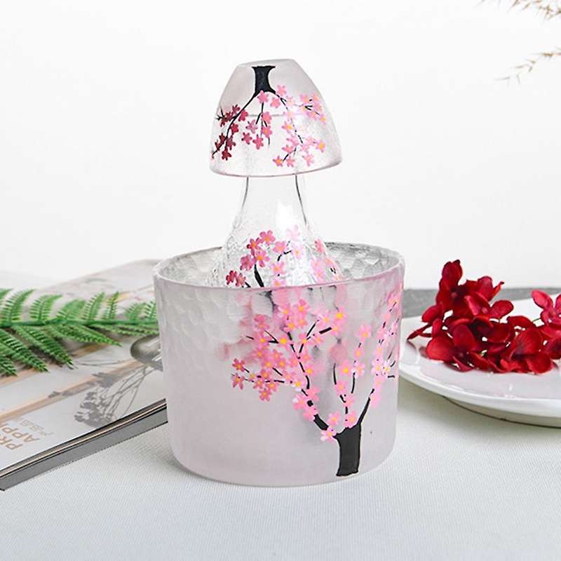 3 Pcs Japanese Sake Set Handcraft Pink Cherry Blossoms, Sake Carafe
