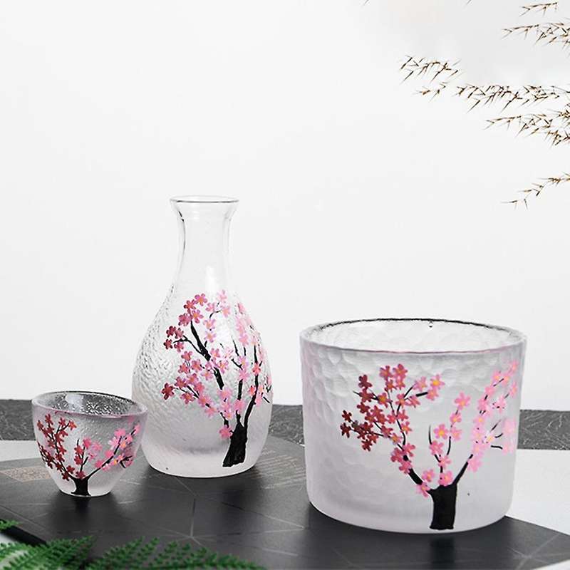 3 Pcs Japanese Sake Set Handcraft Pink Cherry Blossoms, Sake Carafe