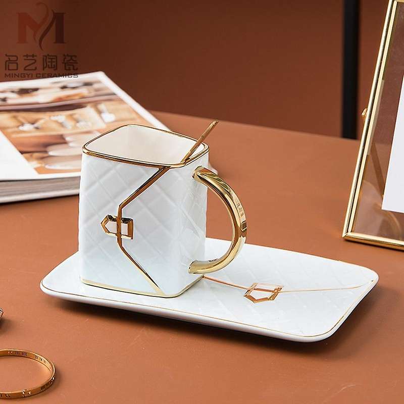 Gold-painted Coffee Cup and Saucer Set Ceramic Saucer Mug Pink