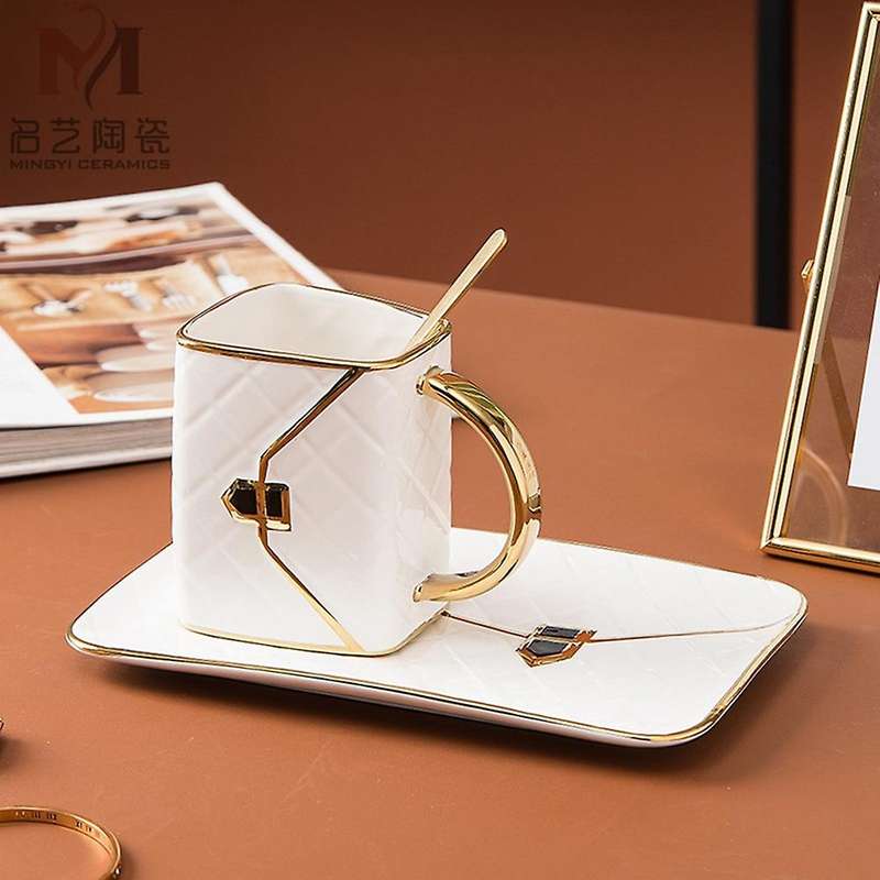 Gold-painted Coffee Cup and Saucer Set Ceramic Saucer Cup White