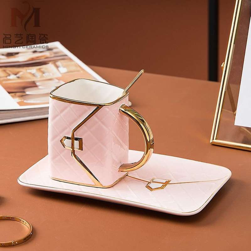 Gold-painted Coffee Cup and Saucer Set Ceramic Saucer Cup White