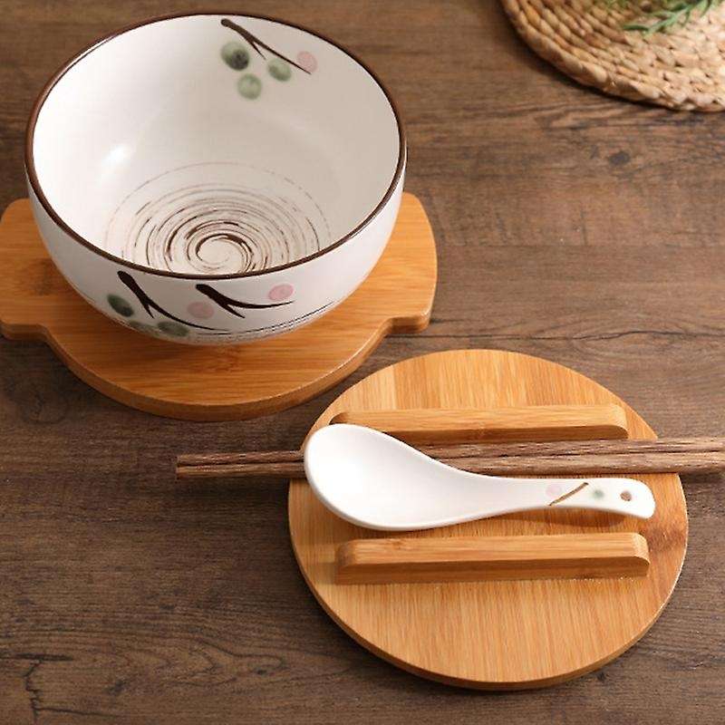 1000ml Ceramic Bowl Spoon Bowl Mat with Cover Soup Bowl Cutlery Set