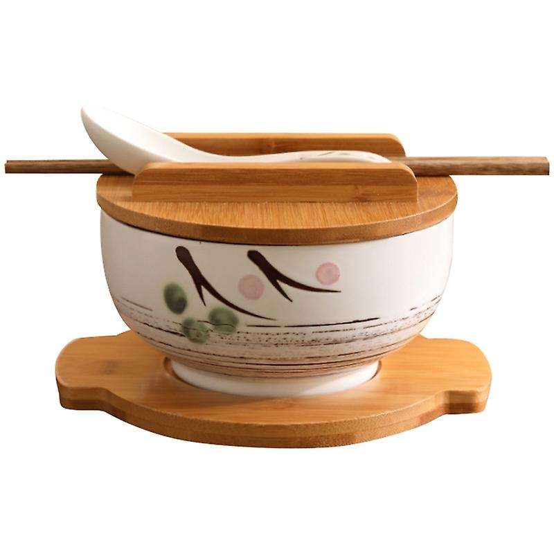 1000ml Ceramic Bowl Spoon Bowl Mat with Cover Soup Bowl Cutlery Set