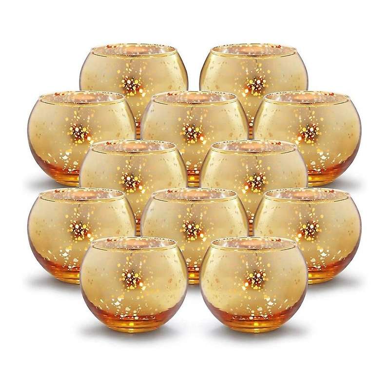 Round Golden Wishing Candle Holder Mercury Glass Holder 12-pcs Set A
