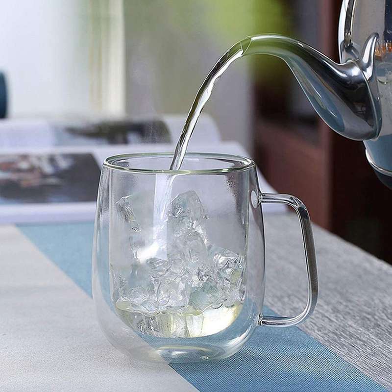 Double Wall Glass Coffee Mugs Tea Cups Set Of 2, with Handle (300ml)