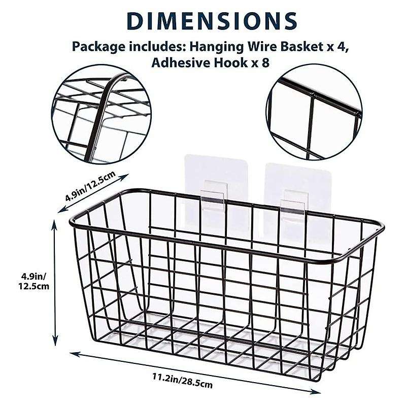 Metal Hanging Wire Basket with Hooks for Organizer Holder 4 Pack