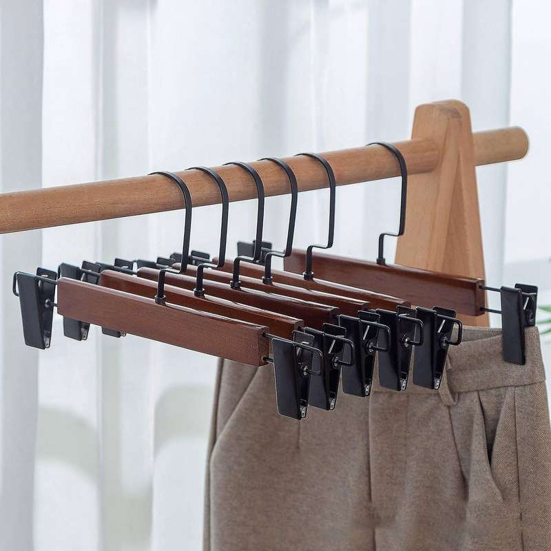 10 Pcs Wood Hanger with Stainless Steel Clips Wooden Skirt Hanger