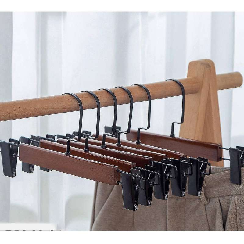 10 Pcs Wood Hanger with Stainless Steel Clips Wooden Skirt Hanger