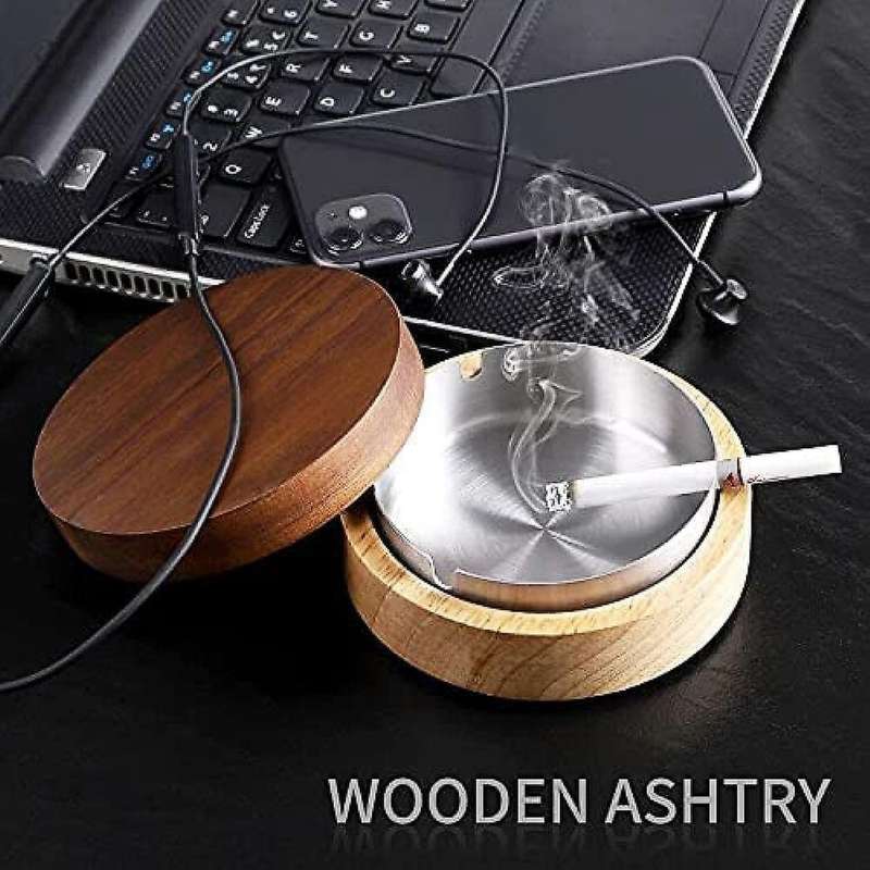 2 Pcs Wood Creative Home Office Ashtray Stainless Steel Liner Ashtray