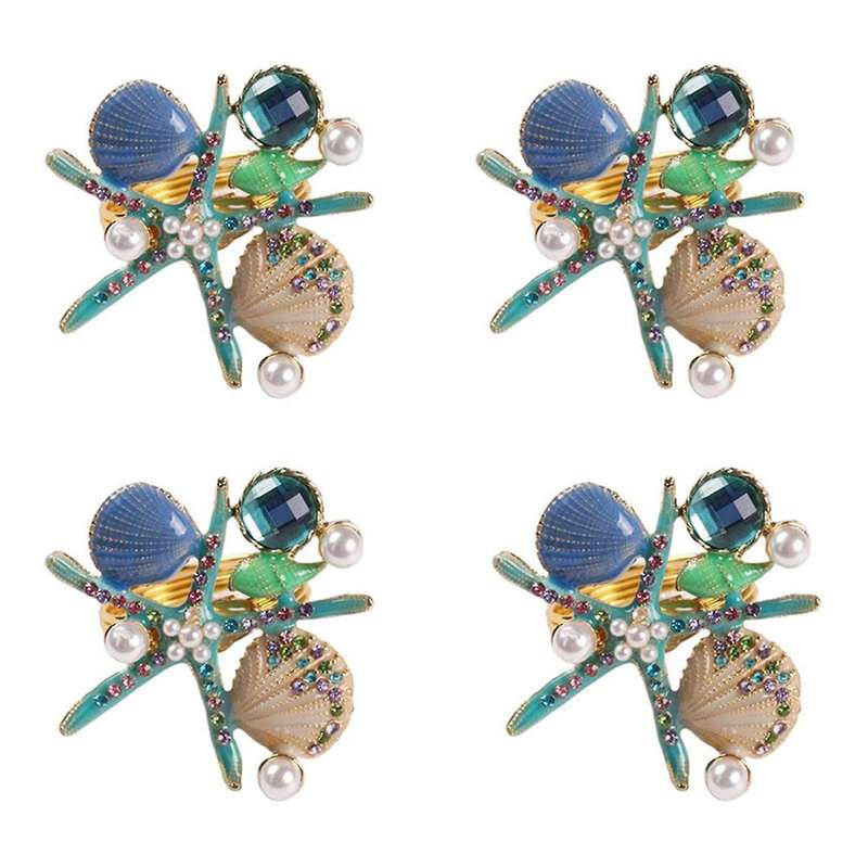 12 Pcs Starfish Napkin Rings,pearl Rhinestone Holders for Party,blue