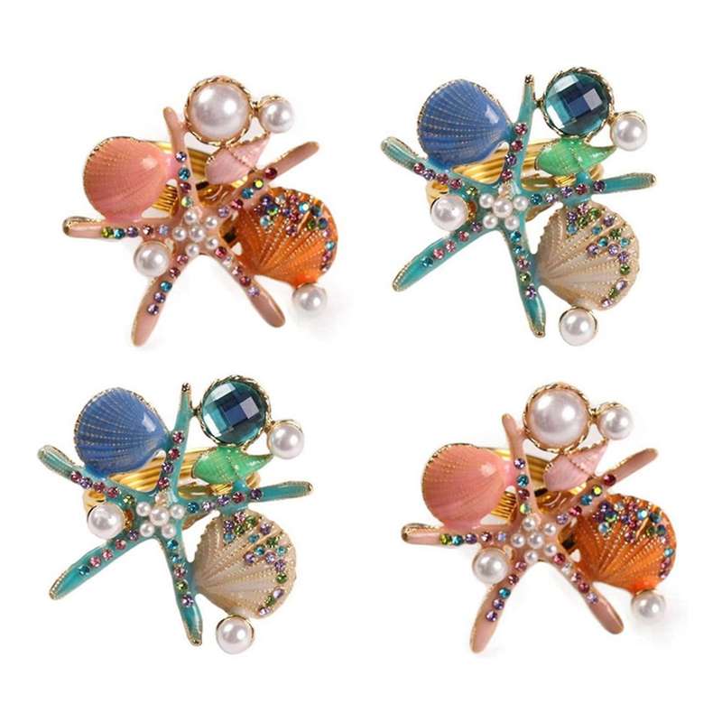 12 Pcs Starfish Napkin Rings,pearl Rhinestone Holders for Party,blue