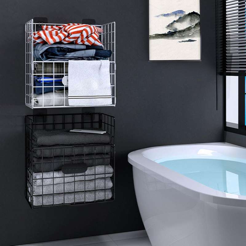 Foldable Iron Laundry Basket Wall Mounted Bathroom Dirty Black