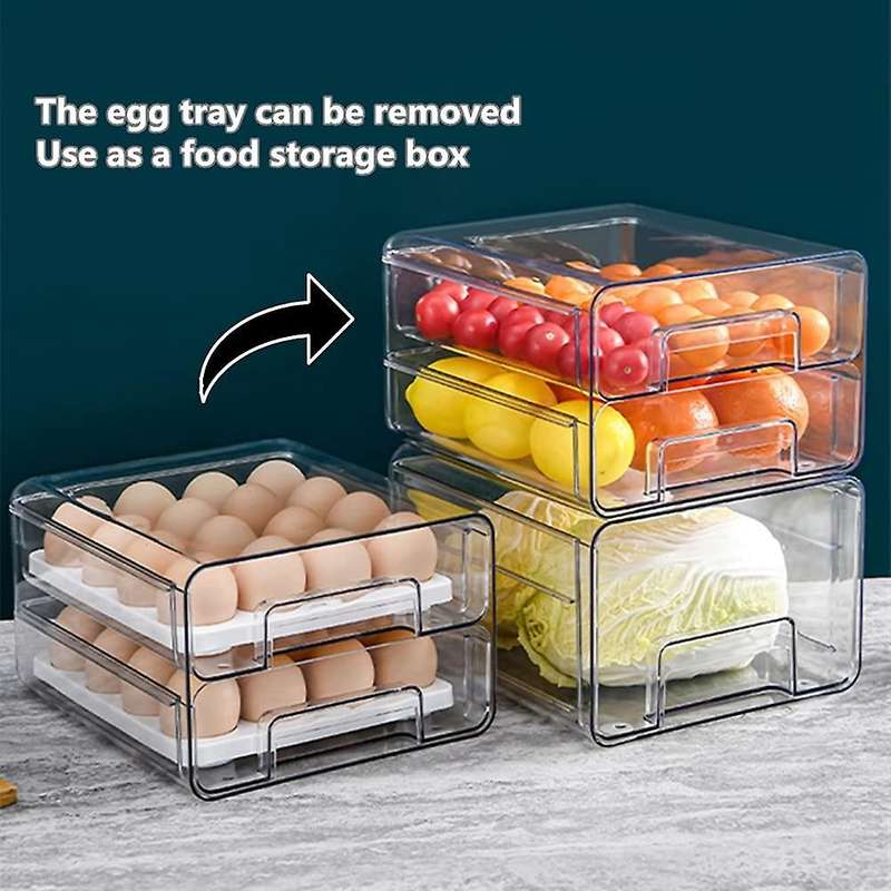 Egg Holder for Refrigerator with Removable Tray 32 Grid 2-layer