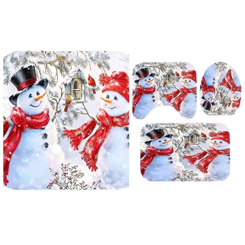 4 Pcs Xmas Shower Curtain Non-slip Bathroom Rugs Funny for Bathroom