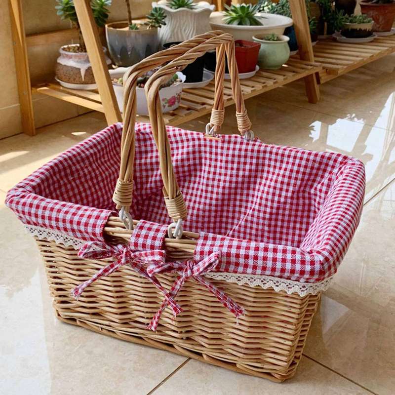 2x Picnic Basket, with Double Handles and Cloth Lining for Fruit