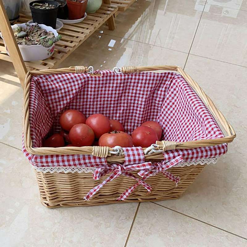 2x Picnic Basket, with Double Handles and Cloth Lining for Fruit