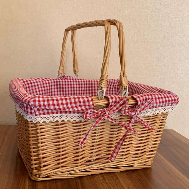 2x Picnic Basket, with Double Handles and Cloth Lining for Fruit