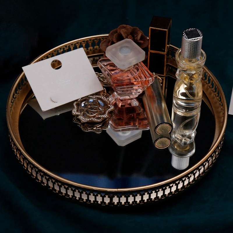 Golden Iron Jewelry Storage Glass Mirror Makeup Display Tray 25cm