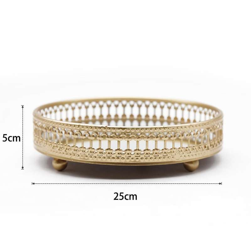 Golden Iron Jewelry Storage Glass Mirror Makeup Display Tray 25cm