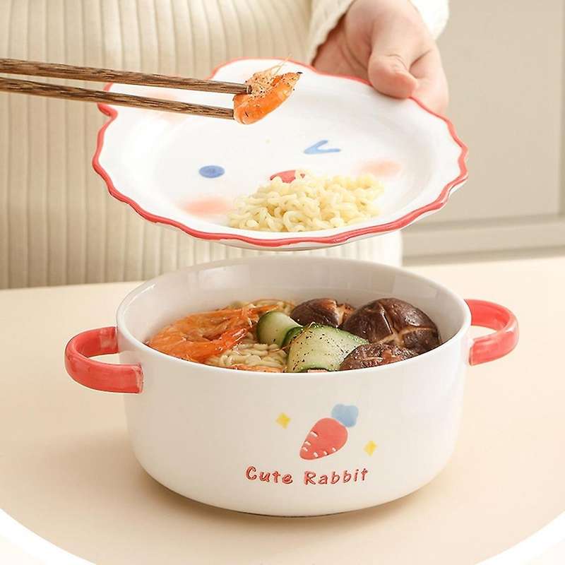 Household Bowl Ceramic Soup Bowl with Handle Salad Pasta Bowl -a