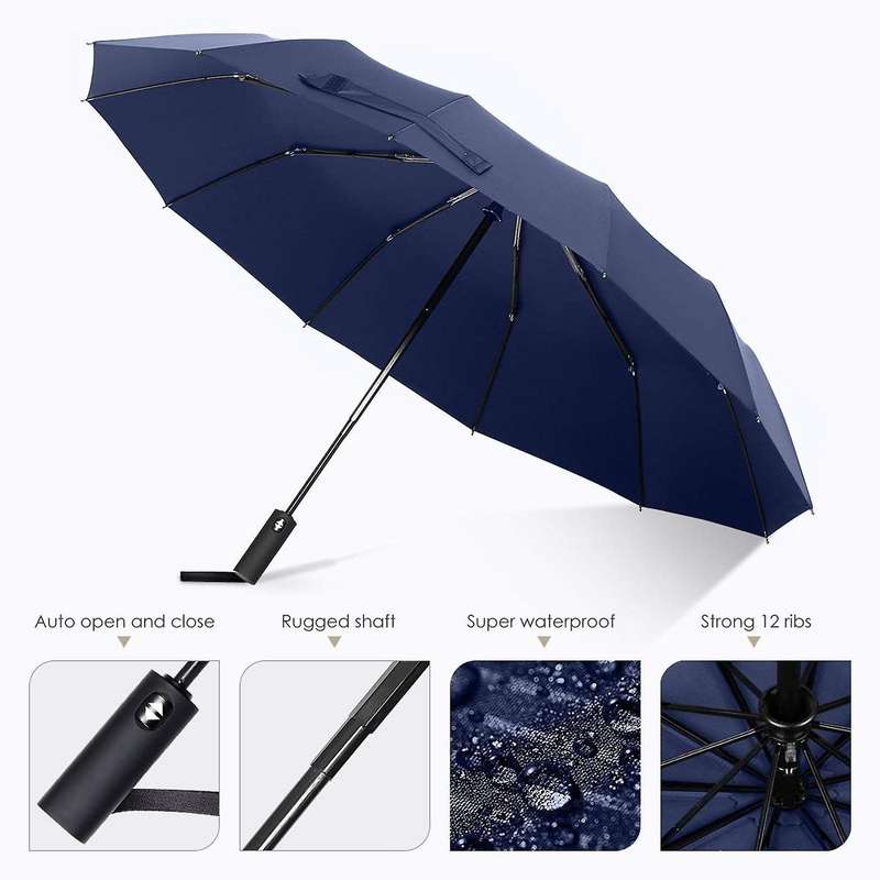 12 Ribs Travel Umbrella with Ptfe Canopy, Lengthened Handle (blue)