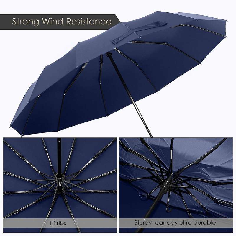 12 Ribs Travel Umbrella with Ptfe Canopy, Lengthened Handle (blue)