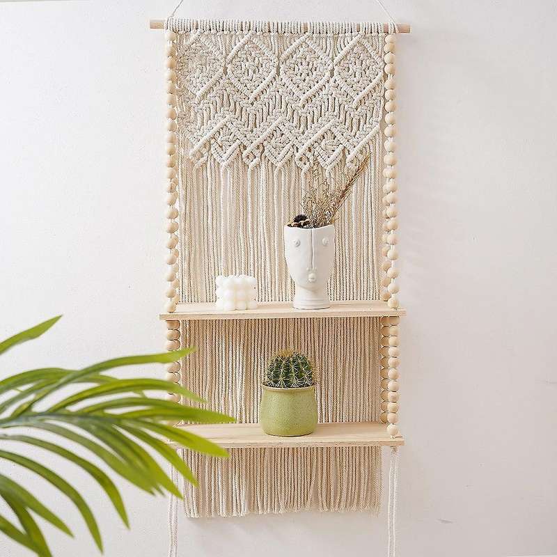 Macrame Wall Hanging Shelf, Boho Floating Shelf, 2 Tiers Woven