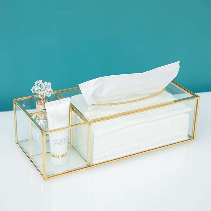 Gold Tissue Box Rectangular Clear Glass Paper Tissue Box for Home