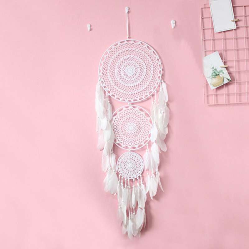 Extra Dream Catcher with 3 Circles White Feather Macrame 127 Cm Long