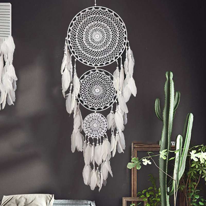 Extra Dream Catcher with 3 Circles White Feather Macrame 127 Cm Long