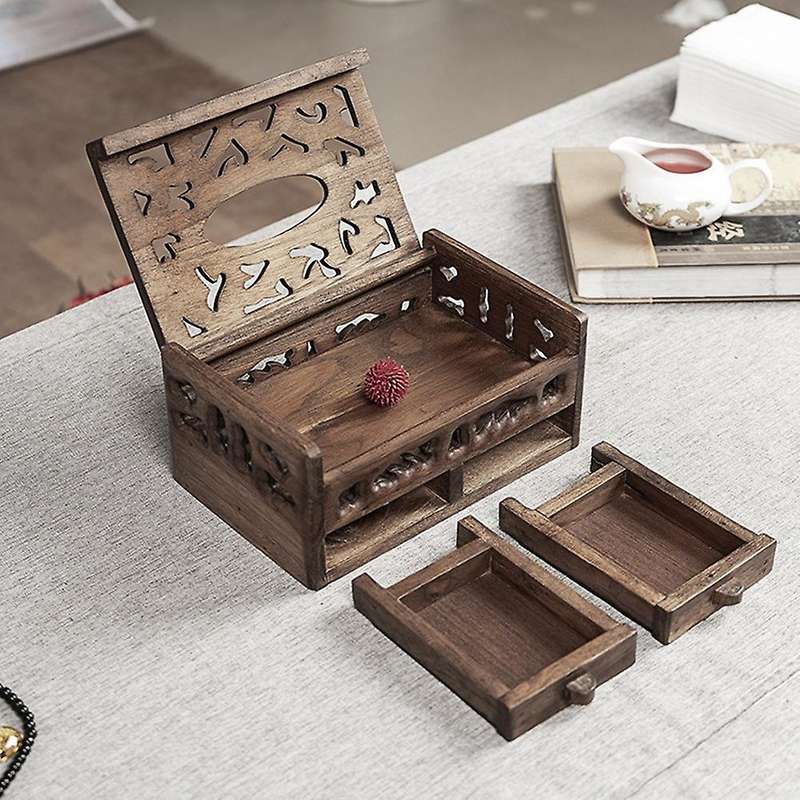 Wood Multifunction Tissue Box Retro Living Room Coffee Table Desktop