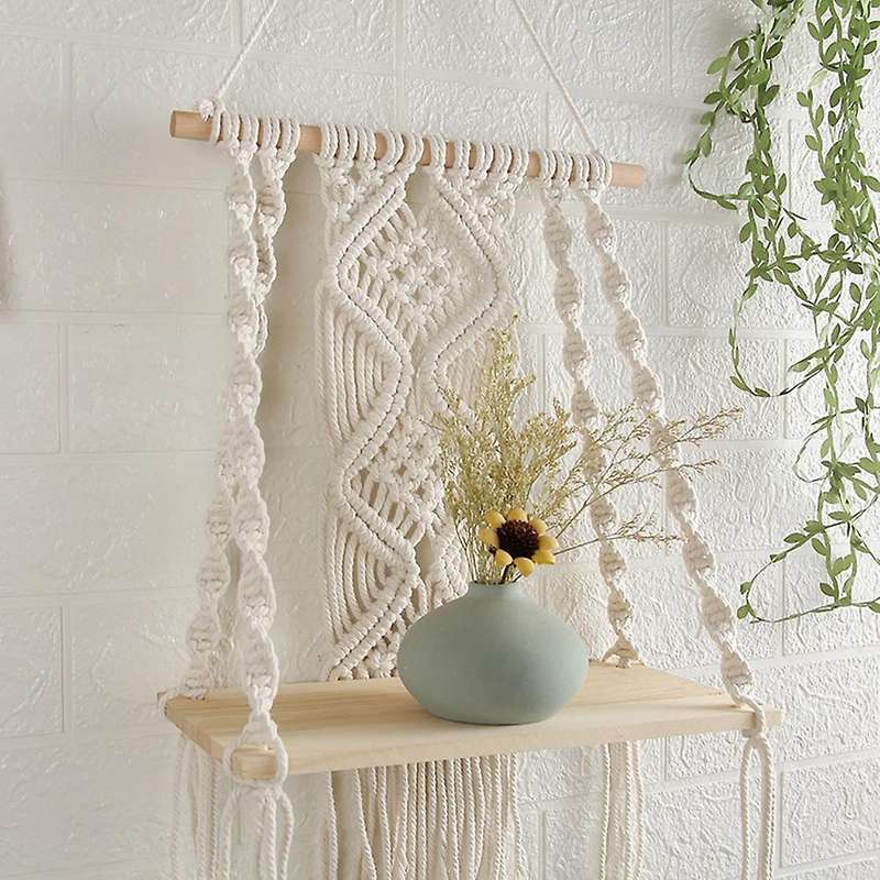 2 Pcs Macrame Wall Hanging Shelf Handmade Wood Hanger for Home Decor