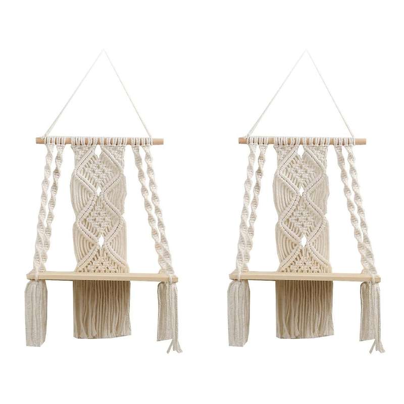 2 Pcs Macrame Wall Hanging Shelf Handmade Wood Hanger for Home Decor