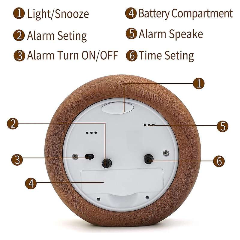 Analogue Alarm Clock without Ticking,wooden Alarm Clock ,wood Brown