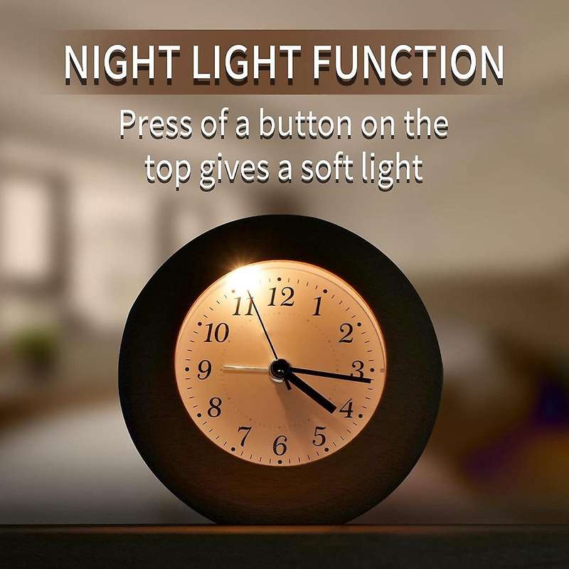 Analogue Alarm Clock without Ticking,wooden Alarm Clock ,wood Brown